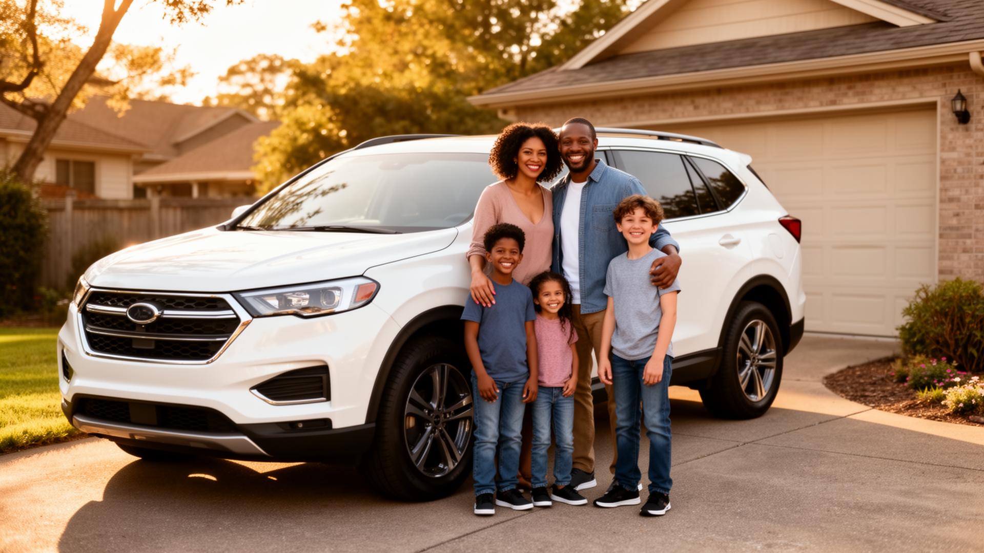 Happy family with their new car in Paterson, NJ